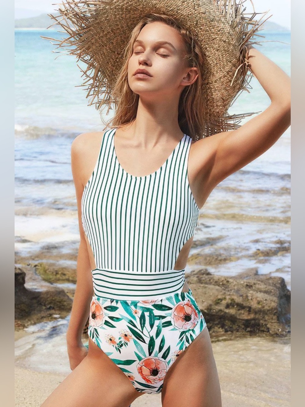 Cupshe Miss U Poppy Print One Piece Swimsuit Cutout Striped Floral Vacation M